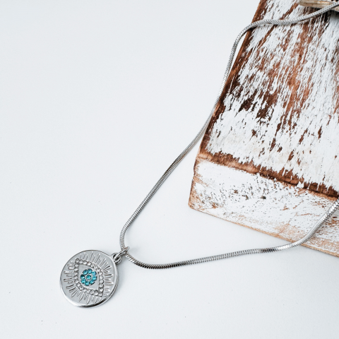 Reduceri ✨ - Colier Evil Eye din otel inoxidabil cu strasuri bleu - Protectie energii negative