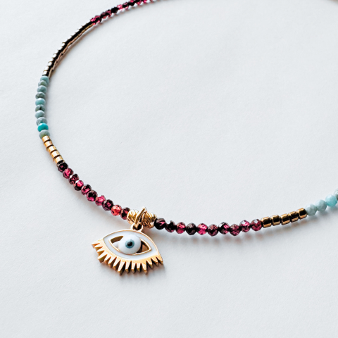 Coliere - Colier Evil Eye cu granat, turcoaz si hematit - Protectie