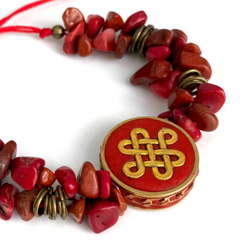 Bratara rosie masiva din coral si jasp rosu cu moneda simbol nod chinezesc [2]
