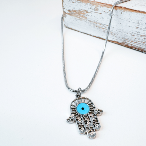 Colier Hamsa din otel inoxidabil cu Evil Eye bleu - Protectie energii negative [1]