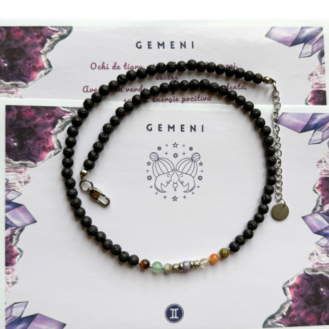 Coliere - Colier la baza gatului cu 7 cristale si lava vulcanica pentru zodia Gemeni