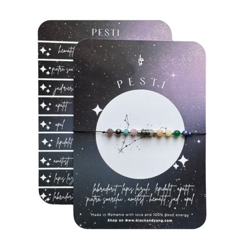 Bratari - Bratara reglabila argintie Zodia Pesti din 9 cristale naturale si otel inoxidabil 