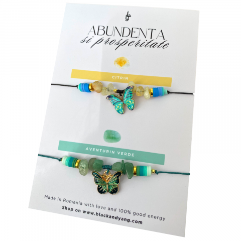 Set bratari cristale naturale de citrin si aventurin verde cu pandantive fluturi - abundenta si prosperitate [4]