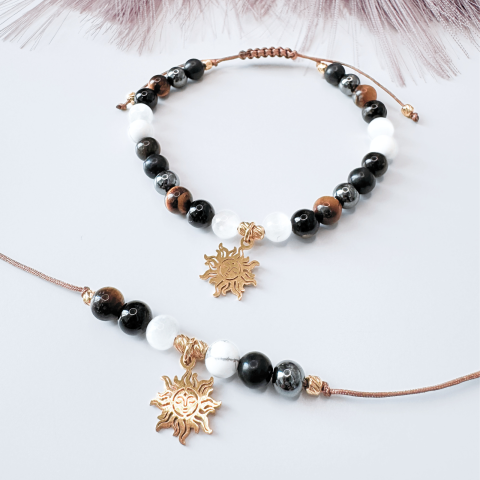 Seturi - Set colier si bratara cu cristale impotriva energiilor negative si pandantiv soare - Auriu