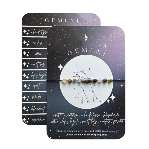 Bratari - Bratara reglabila argintie Zodia Gemeni din 9 cristale naturale si otel inoxidabil 