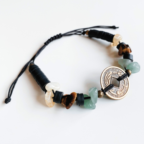 Bratara Feng Shui neagra cu moneda chinezeasca cu aventurin, citrin si ochi de tigru - abundenta si prosperitate [1]