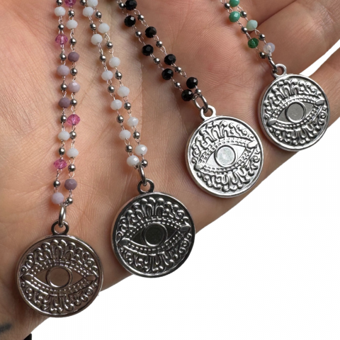 Colier Evil Eye din otel inoxidabil cu cristale roz - lila - Protectie energii negative [2]