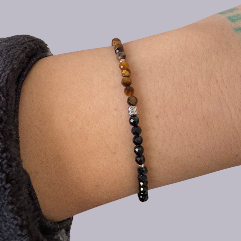 Bratari - Bratara reglabila argintie turmalina neagra si ochi de tigru - Protectie, forta, impamantare