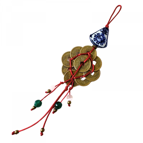 Feng Shui - Talisman / amuleta Feng Shui pentru casa cu 9 monede chinezesti, selenit si jad verde - noroc, abundenta si curatare energetica