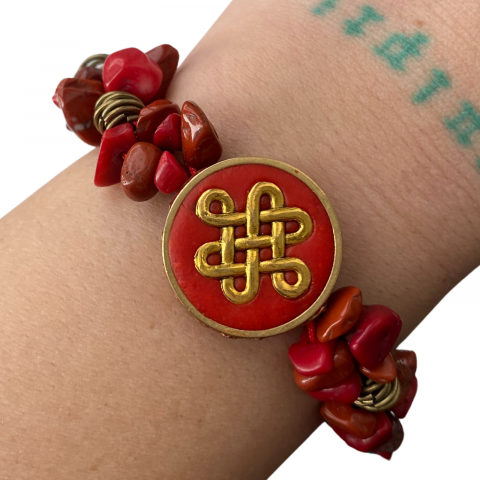 Bratara rosie masiva din coral si jasp rosu cu moneda simbol nod chinezesc [4]