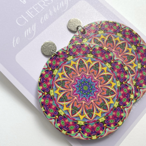 Cercei mari rotunzi din lemn si otel inoxidabil Mandala Flower [2]