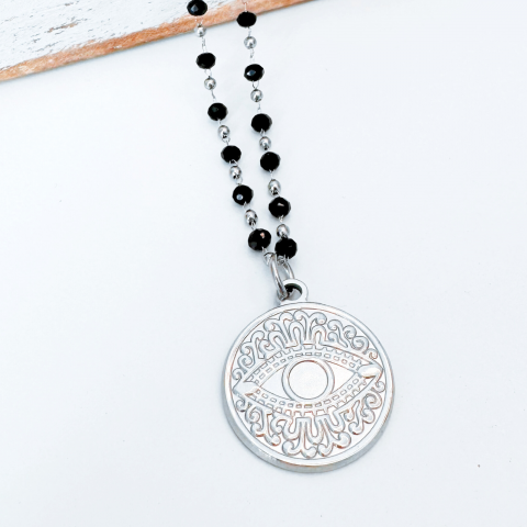 Colier Evil Eye din otel inoxidabil cu cristale negre - Protectie energii negative [0]