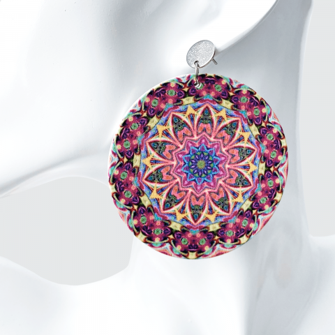 Cercei mari rotunzi din lemn si otel inoxidabil Mandala Flower [1]
