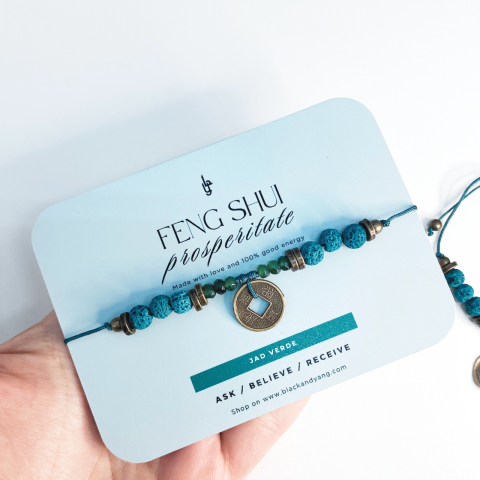 Feng Shui - Bratara moneda chinezeasca Feng Shui cu cristale de jad verde si roca vulcanica - Succes si prosperitate