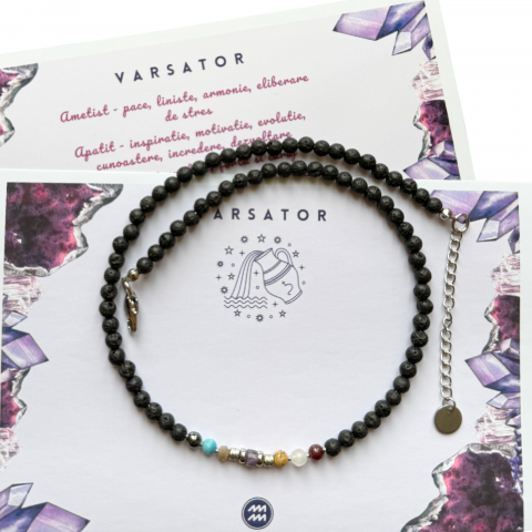 Coliere - Colier la baza gatului cu 7 cristale si lava vulcanica pentru zodia Varsator
