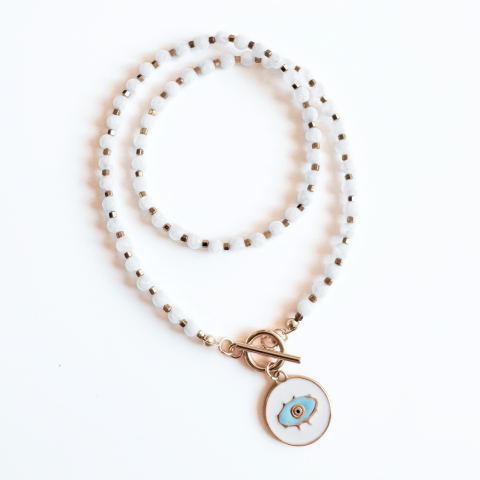 Coliere - Colier la baza gatului din jad alb si hematit cu pandantiv Evil Eye si inchizatoare toggle