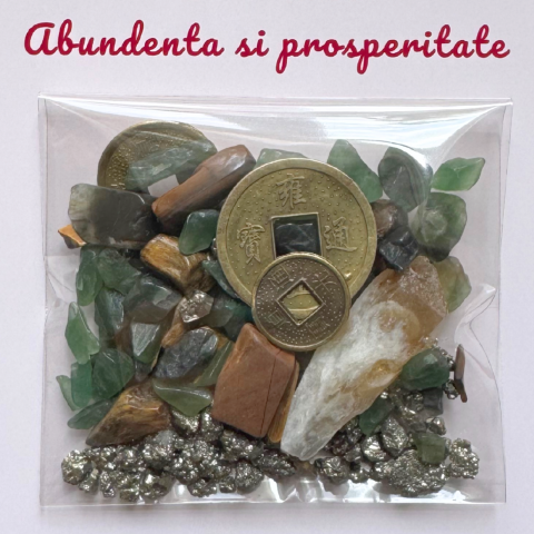Mix Feng Shui cristale si monede chinezesti - abundenta si prosperitate - pirita, citrin, ochi de tigru si aventurin verde [1]