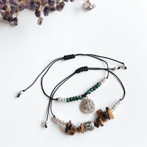 Bratari - Set bratari cristale naturale de ochi de tigru si jad verde  - Buddha si Floare de lotus - succes si abundenta