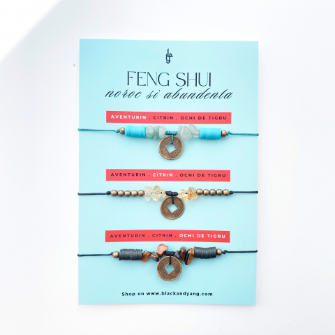 Feng Shui - Set bratari moneda chinezeasca Feng Shui cu citrin, aventurin si ochi de tigru - Noroc si abundenta