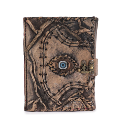 Produse noi - Agenda / Jurnal din piele naturala maro cu inchidere metalica - Evil eye