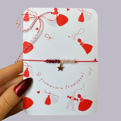 Bratari - Bratara martisor din jad alb si grena cu stelua aurie din otel inoxidabil