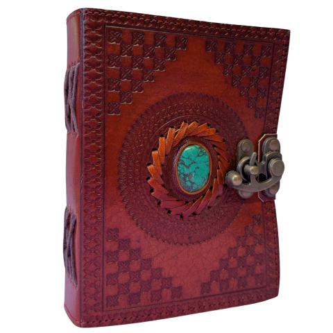 Cu pagini vintage, tip pergament - Agenda / Jurnal din piele naturala cu pagini tip pergament si inchidere metalica - Turcoaz