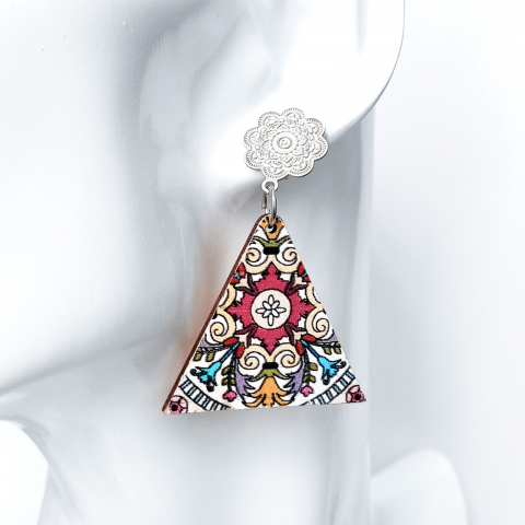 Cercei mari triunghi din lemn si otel inoxidabil Mandala Triangle [1]