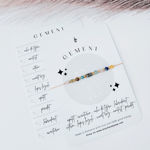 Zodii - Bratara Zodia Gemeni cu 9 cristale naturale si otel inoxidabil auriu