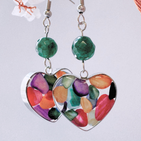 Cercei argintii cu jad verde si scoici colorate - Inima [1]