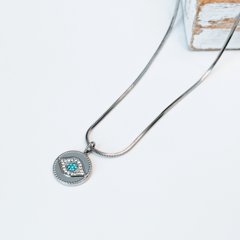 Reduceri ✨ - Colier Evil Eye din otel inoxidabil cu strasuri albe si bleu - Protectie energii negative