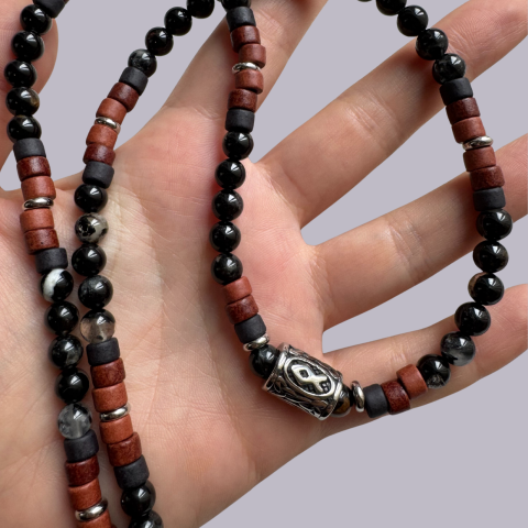 Coliere - Colier barbati din turmalina neagra, ceramica si pandativ Rune Vikinge - Othala