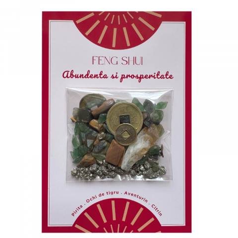 Pietre semipretioase si cristale naturale - Mix Feng Shui cristale si monede chinezesti - abundenta si prosperitate - pirita, citrin, ochi de tigru si aventurin verde