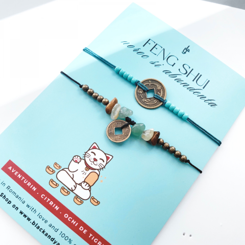 Feng Shui - SET BRATARI MONEDA CHINEZEASCA FENG SHUI CU CITRIN, AVENTURIN SI OCHI DE TIGRU - NOROC SI ABUNDENTA