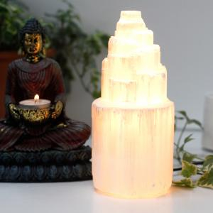 Pietre semipretioase si cristale naturale - Lampa turn din selenit - 15 cm