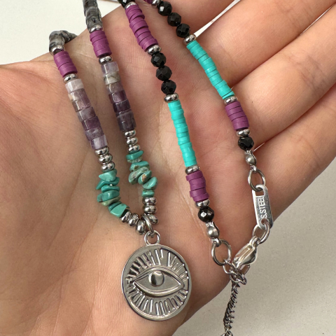 Colier colorat cu cristale si pandantiv Evil Eye - ametist, turmalina, labradorit, turcoaz [1]
