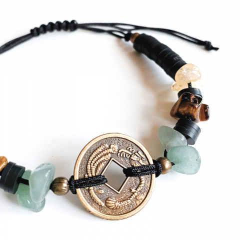 Feng Shui - Bratara Feng Shui neagra cu moneda chinezeasca cu aventurin, citrin si ochi de tigru - abundenta si prosperitate