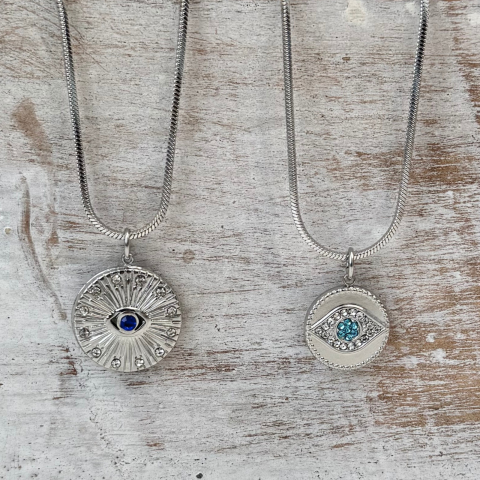 Colier Evil Eye din otel inoxidabil cu strasuri albe si bleu - Protectie energii negative [4]
