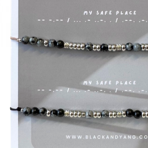 Set bratari cuplu din otel inoxidabil si obsidian snowflake in Cod Morse cu mesaj - My safe place [1]