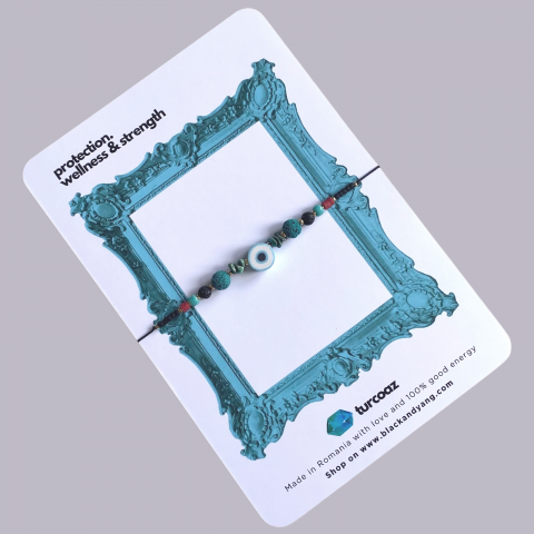 Bratara Evil Eye din otel inoxidabil auriu cu cristale naturale de turcoaz - Protectie, bunastare si putere [2]