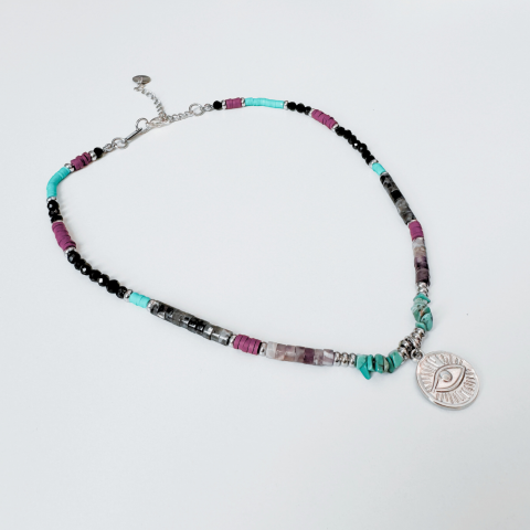 Femei - Colier colorat cu cristale si pandantiv Evil Eye - ametist, turmalina, labradorit, turcoaz