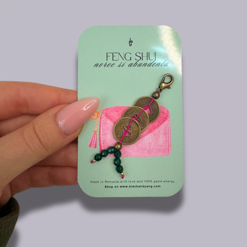 Feng Shui - Talisman mic Feng Shui cu monede chinezesti si jad verde pentru portofel - Prosperitate si noroc 