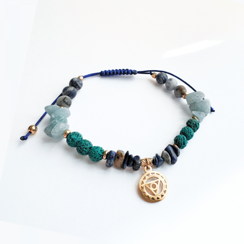 Bratari - Bratara chakra Vishuddha (chakra gatului) cu acvamarin, sodalit, lapis lazuli si lava vulcanica - Comunicare si exprimare