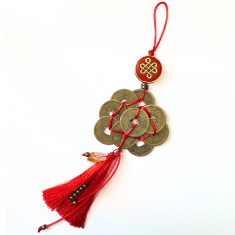 Feng Shui - Talisman / amuleta Feng Shui cu 9 monede chinezesti si citrin brut - noroc, abundenta si succes