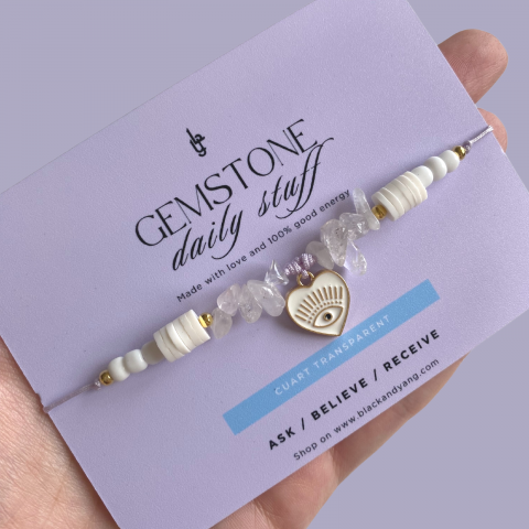 Femei - Bratara Cristal de Cuart transparent cu pandantiv Evil Eye - purificare si curatare