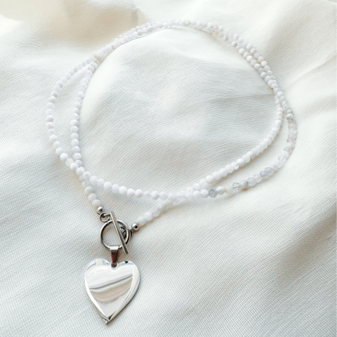 Colier / choker dublu la baza gatului cu piatra lunii si pandativ inima [4]