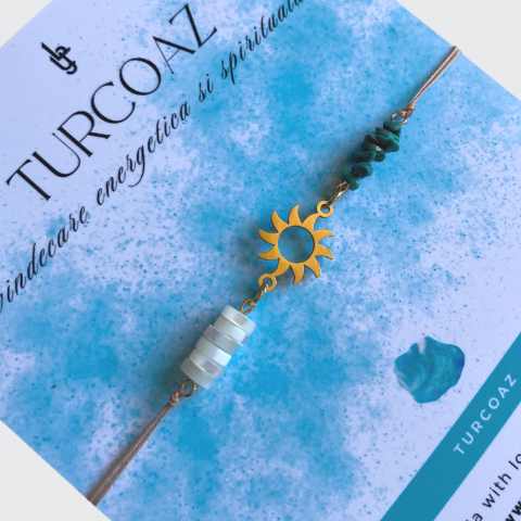 Bratara din turcoaz natural si sidef cu pandantiv soare din otel inoxidabil - vindecare energetica si spirituala [2]