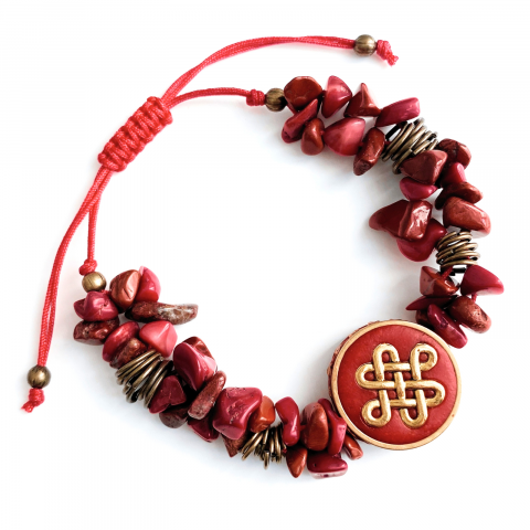 Feng Shui - Bratara rosie masiva din coral si jasp rosu cu moneda simbol nod chinezesc