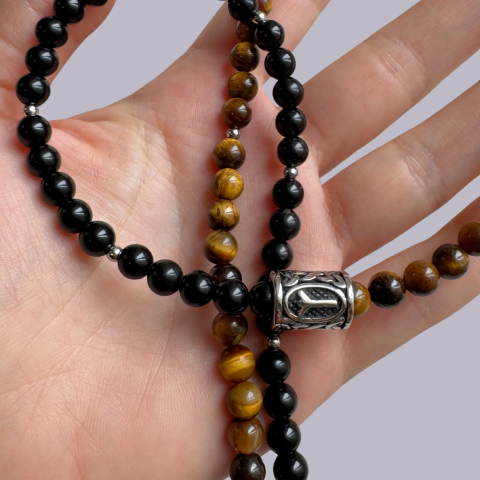 Coliere - Colier barbati ochi de tigru, obsidian si pandativ Rune Vikinge - Algiz