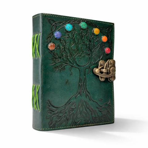 Produse noi - Agenda / Jurnal din piele naturala cu pagini tip pergament si inchidere metalica - Copacul vietii 7 chakre