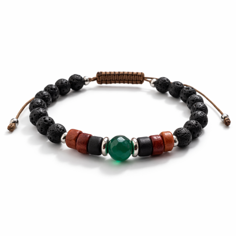 Produse noi - Bratara barbati din jad verde, ceramica si margele negre din roca vulcanica